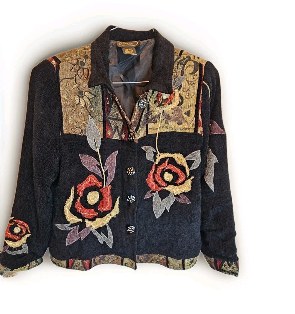 VTG Alex Kim Women Blazer Jacket Large L Floral Embroidered Button Up Artsy Boho